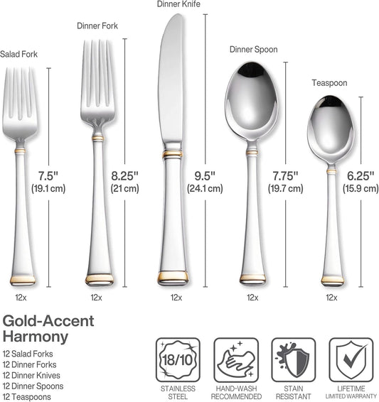 Mikasa Gold Accent Harmony Flatware Set for 12, 65 Piece 18/10 Stainless Steel Silverware with Gold-Trimmed Handles and Serving Utensils, Elegant Dinnerware Service