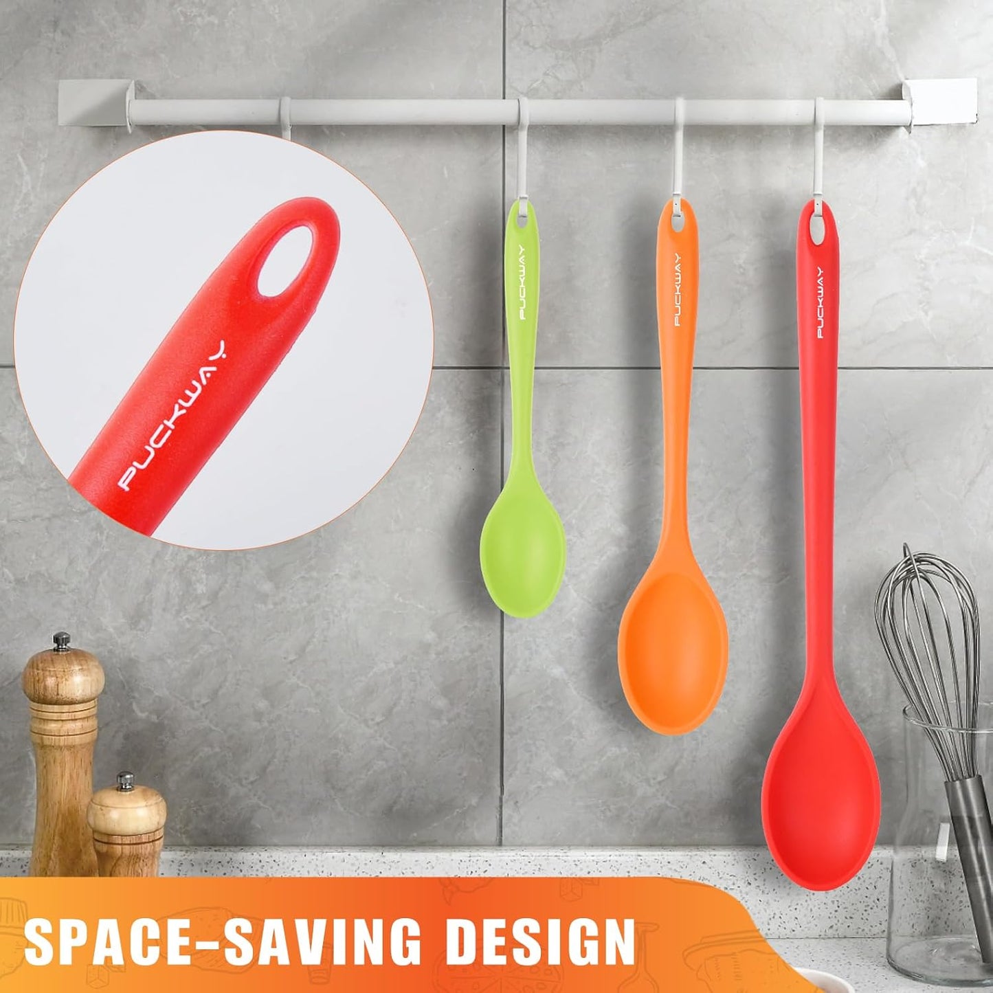 3 Pcs Silicone Spoons Set of 7.9 10.6 14.2 inch for Cooking, Heat Resistant Kitchen Spoons for Mixing, Stirring, and Serving, Small to Large Non Stick (Red & Orange & Green)