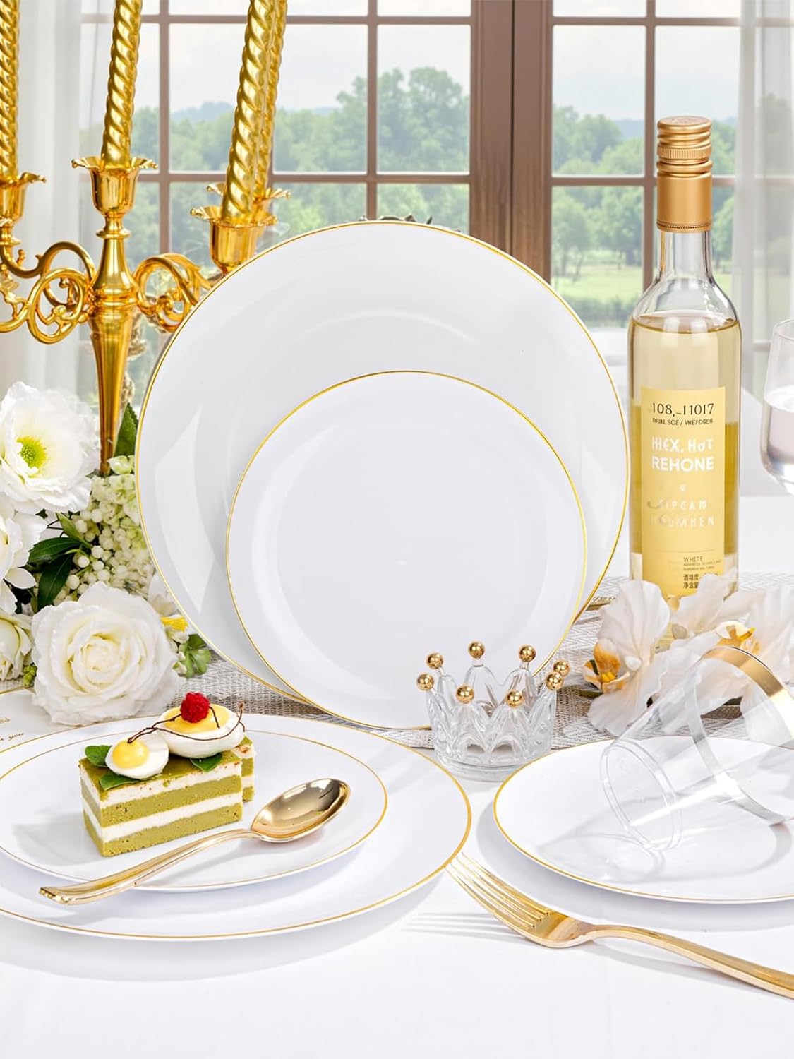 WDF 300PCS White and Gold Plates - Wedding Plastic Dinnerware Set for 50 Guests Include 50 Dinner & 50 Cake Plates, 50 Cutlery, 50 Cups for Wedding, Birthday, Thanksgiving Party