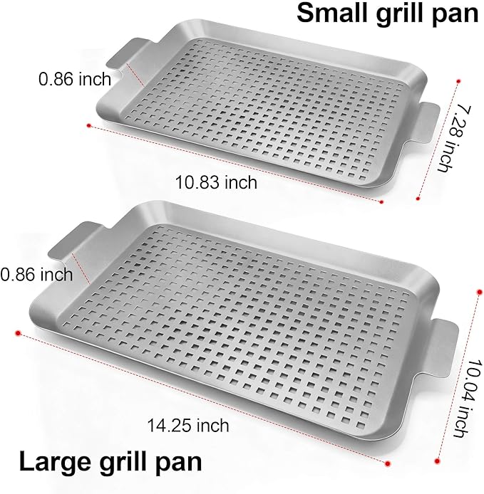 Grill Pan Set of 2, Grill Topper for Outdoor Grill, Stainless Steel Roasting Basket with Handles, Perforated Grill Tray for Smoker Roasting, Oven, BBQ Accessories (Small+Large)