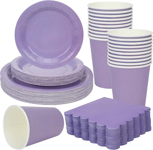 150 Pcs Disposable Party Dinnerware Supplies Set Includes 7'' 9'' Disposable Paper Plates 9oz Paper Cups Scalloped Cocktail Napkins for Baby Shower Birthday Wedding(Light Purple)