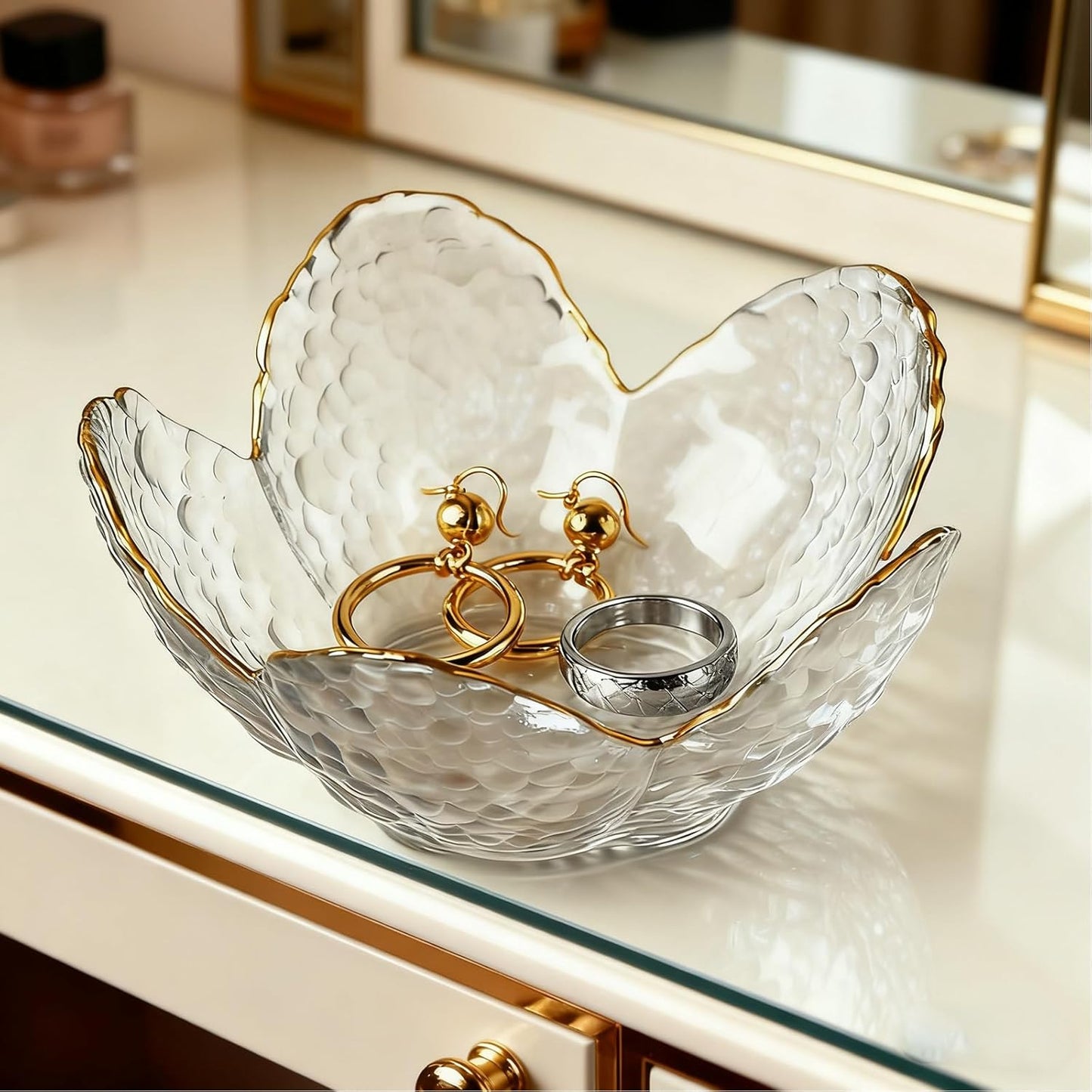 Clear Flower Jewelry Dish Tray Glass Ring Dish Jewlery Tray Cute Bathroom Trinket Dish Jewely Bowl Nightstand Decor Jewerly Plate Ring Holder Christmas Friendship Birthday Gifts for Women