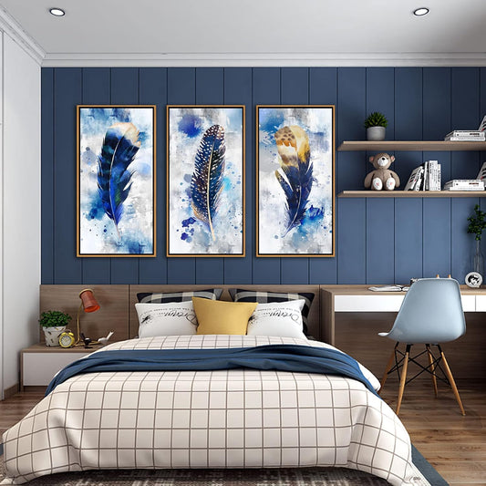 Framed wall art Feather Canvas Wall Art for Living Room Bedroom Large Modern Artwork Blue Watercolor feather Print picture 3 pieces Framed Wall Decor Ready to Hang for Home Office Decoration (With