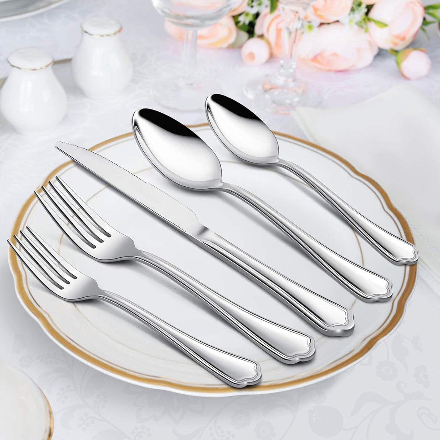 40-Piece Silverware Set, E-far Stainless Steel Flatware Cutlery Set Service for 8, Metal Tableware Eating Utensil Set, Dinner Knives/Forks/Spoons, Scalloped Edge & Mirror Polished - Dishwasher Safe