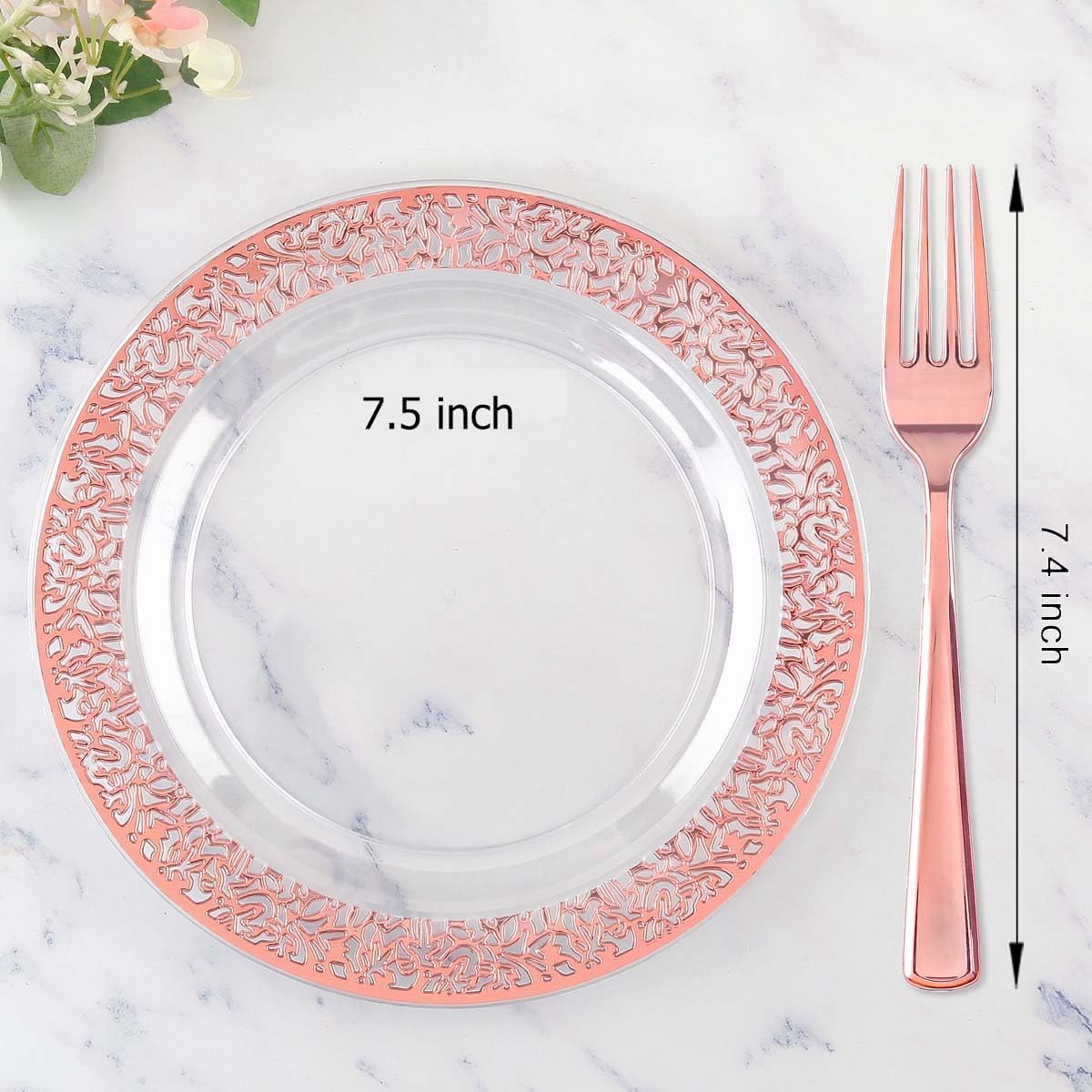 I00000 72 Pcs Rose Gold Dessert Plates 7.5" & 72 Pcs Disposable Forks 7.4", Lace Design Plastic Salad Plate, Plastic Appetizer Plate for all Holidays Perfect for Party & Wedding