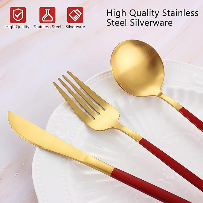 Matte Red Gold Silverware Set, 20-Piece Stainless Steel Flatware Set, Satin Finish tableware Cutlery Set, Service for 4, Home and Restaurant, Dishwasher Safe