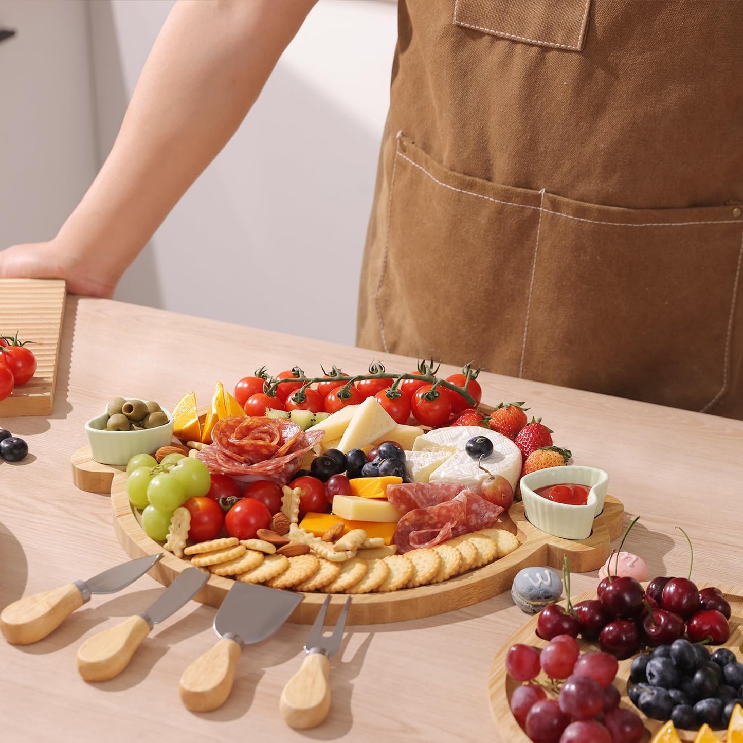 Charcuterie Boards,Cute Bamboo Cheese Board,House Warming Gifts New Home,Wedding Bridal Shower Gift,Birthday Mother's Day for Women Mom,Round Meat Fruit Serving Tray Platter