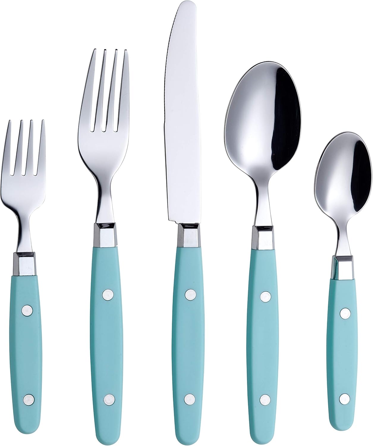 ANNOVA Silverware Set, Retro/Rivet Colorful Stainless Steel Tableware Kitchen Flatware Set Utensils, Includes Dinner Knives, Forks, Spoons, Salad Forks & Dessert Spoons (Turquoise, 20 Pieces)
