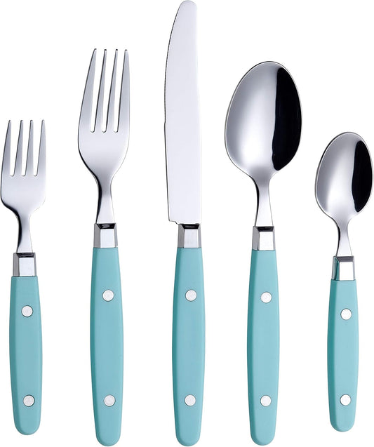 ANNOVA Silverware Set, Retro/Rivet Colorful Stainless Steel Tableware Kitchen Flatware Set Utensils, Includes Dinner Knives, Forks, Spoons, Salad Forks & Dessert Spoons (Turquoise, 20 Pieces)