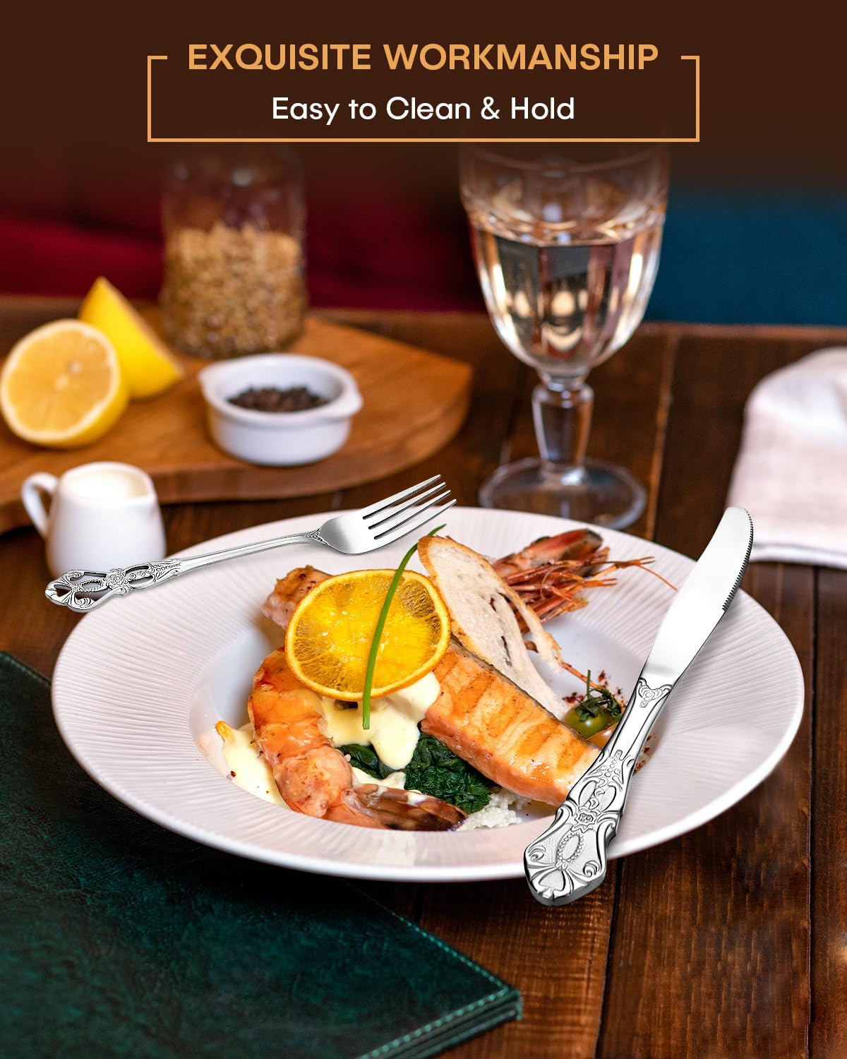 EUIRIO 48 Pieces Royal Silverware Set for 8, Gorgeous Retro Flatware Set with Steak Knives, Premium Stainless Steel Vintage Cutlery Utensils Set with Forks Spoons and Knives, Dishwasher Safe