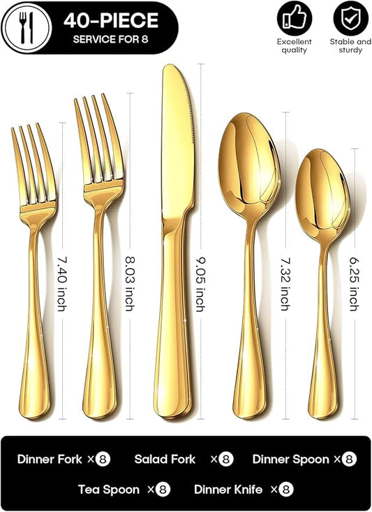 Gold Silverware Set for 8, 40 Piece Food-Grade Stainless Steel Flatware Set, Rust-proof Mirror Polished Cutlery Utensil Set Include Knives Forks Spoons for Kitchen Restaurant,Dishwasher Safe