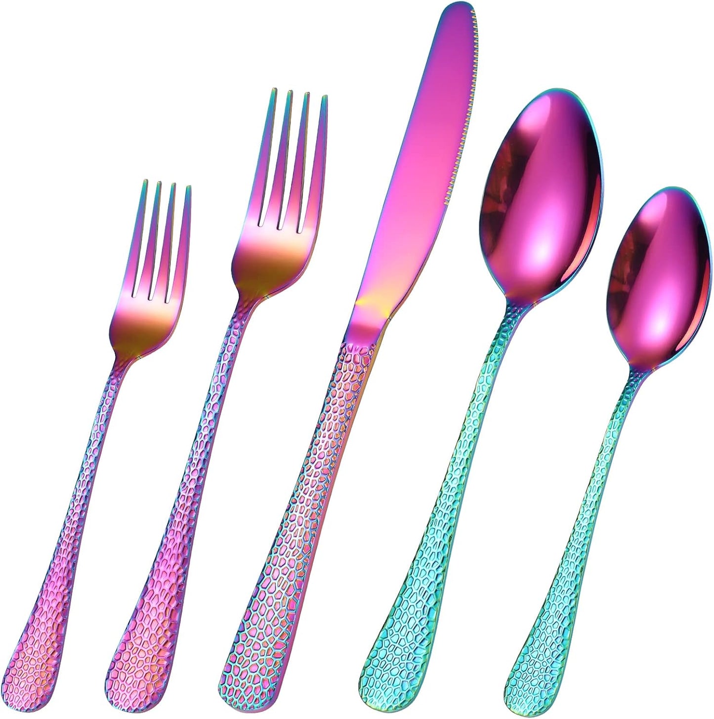Hammered Silverware Set Rainbow Stainless Steel Flatware 40 pieces Dinning Utensils Service for 8 include Knife Fork Spoon Durable Easy to Clean