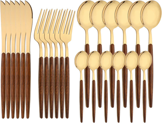 24-Piece Silverware Set for 6, Gold Mirror Polished Stainless Steel Flatware Set, Wooden Effect Handle Utensil Set for Home Hotel Restaurant, Family Cutlery Set Include Knife Fork Spoon