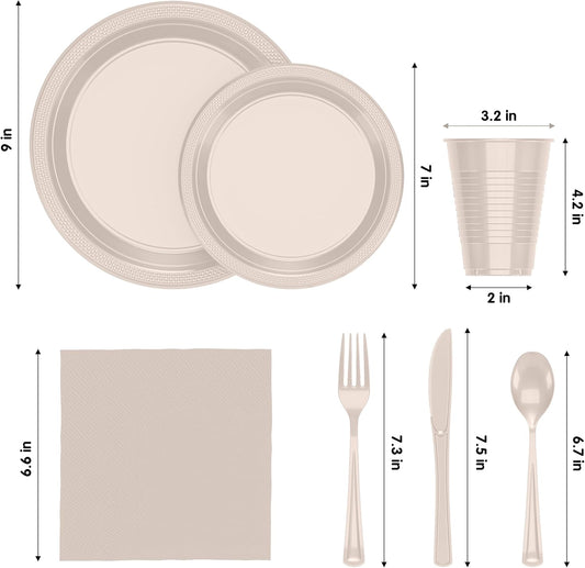 Party Solids 350 Pieces Ivory Plastic Plates For Party, Ivory Disposable Plates Set, 50 Of Each 9" Dinner Plate Set, 7" Dessert Plate, Cups, Napkins & Cutlery Plastic Dinnerware