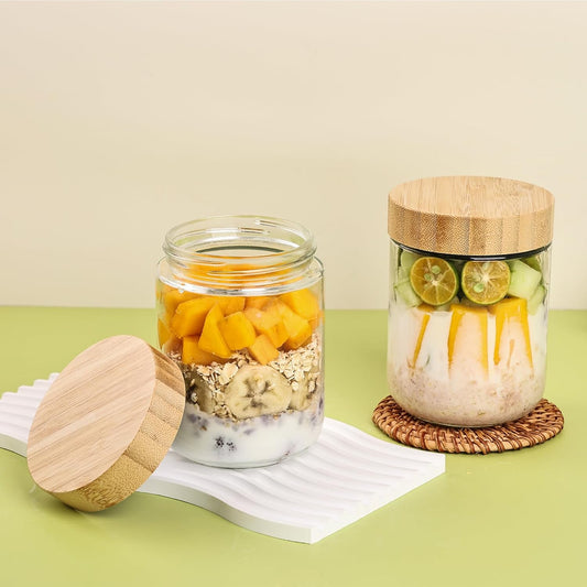 6-Pack Overnight Oats Containers with Bamboo Airtight Lids, 16oz Wide Mouth Mason Salad jars, Glass Food Storage Containers for Snacks Sugar Spice Yogurt