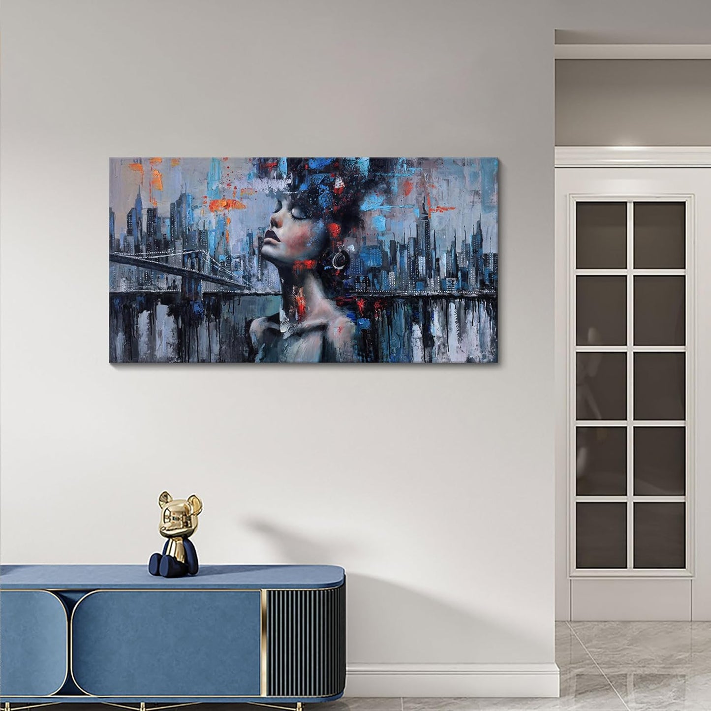 Navy Blue Abstract Wall Art Woman Picture for Living Room Modern Home Bedroom Decoration New York City Framed Cityscape Artwork Decor 20x40IN