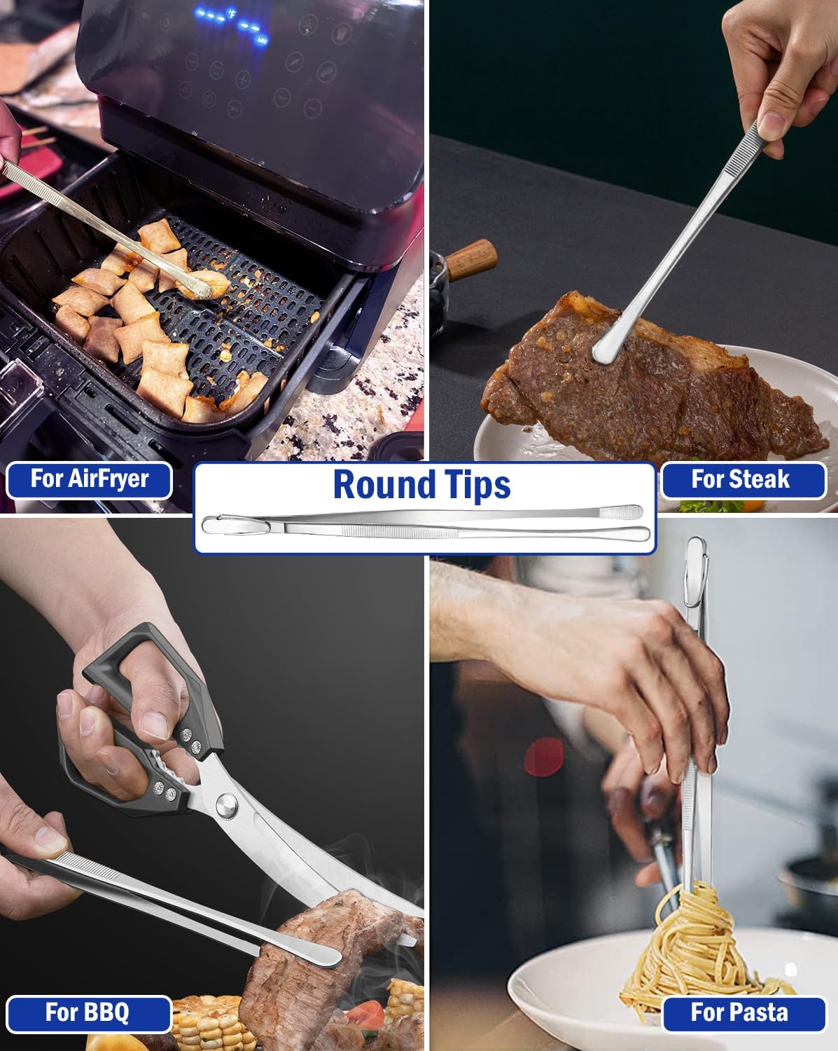 JETKONG 4 Pcs Kitchen Tweezers, 12'' and 10'' Stainless Steel Cooking Tweezers Set, High-Precision Tweezer Tongs for Cooking, Repairing, Seafood and BBQ (Silver)