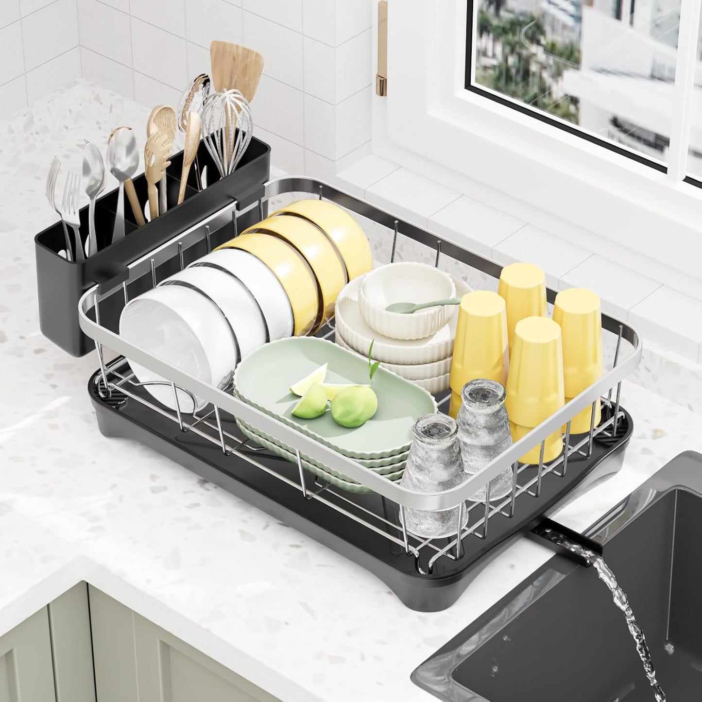 LIYI Dish Rack for Kitchen Counter,Stainless Steel Drying Rack,304 Stainless Steel with Drainage Plate,Large Capacity Utensil Storage System,Intelligent Drainage and Deflector Structure,Black