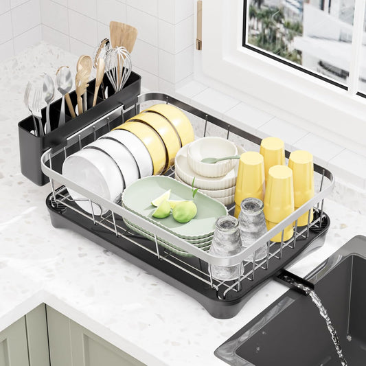 LIYI Dish Rack for Kitchen Counter,Stainless Steel Drying Rack,304 Stainless Steel with Drainage Plate,Large Capacity Utensil Storage System,Intelligent Drainage and Deflector Structure,Black