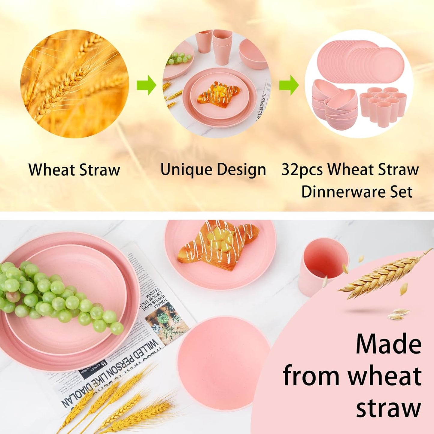 Supernal Pink Wheat Straw Dinnerware Sets,Unbreakable Dishes for 8, Plate and Bowls Sets, Reusable Plates, Microwave Dishwasher Safe Plates,Plastic Dinnerware Set, Pink Plastic Tableware
