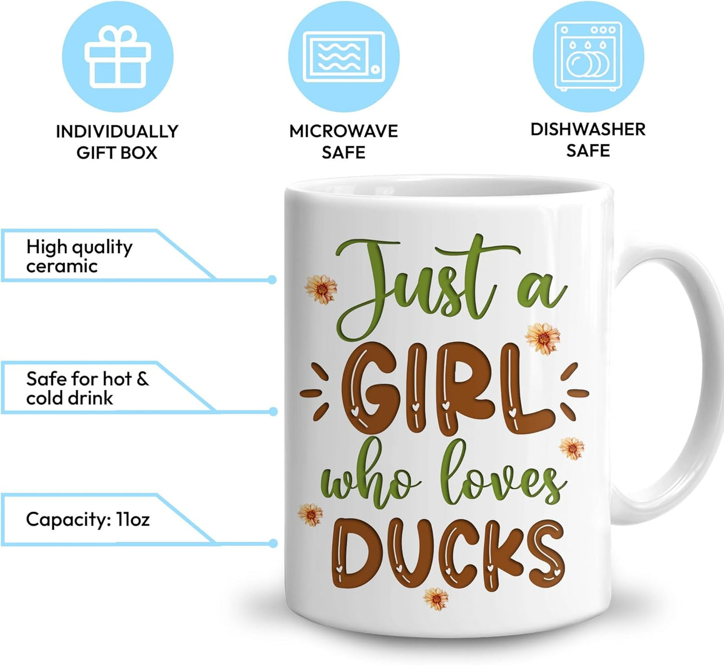 Hyturtle Personalized Gifts Duck Lover - Just A Girl Who Loves Ducks Custom Name Ceramic Coffee Mug Cup 11oz - Idea Cute Animal Lover Gifts For Women, Girl Daughter On Birthday, Christmas