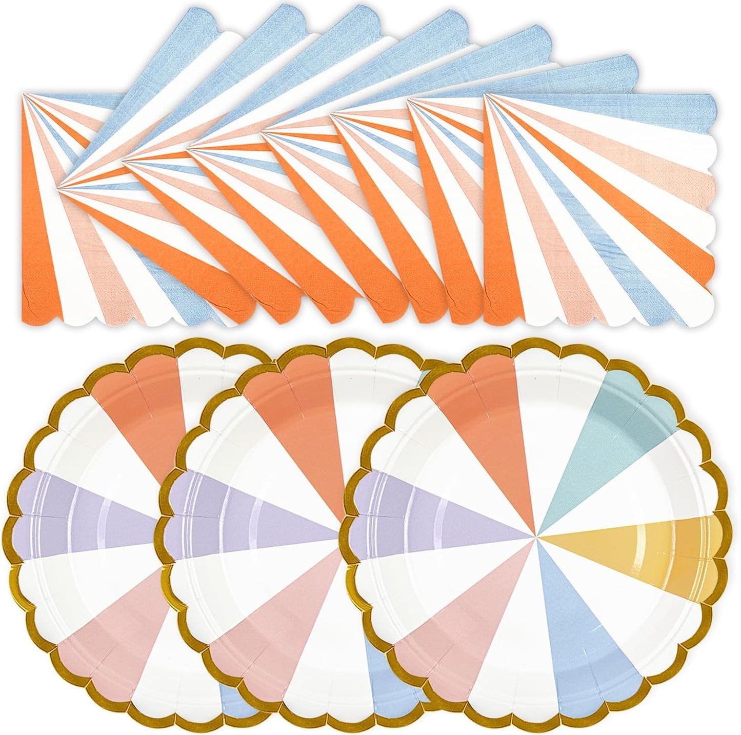 50PCS Colorful Striped Paper Plates and Napkins Party Supplies, 7 inch Disposable Gold Foil Scalloped Dessert Plate Pastel Party's Favors for Birthday Wedding Bachelorette Candy Party Decorations