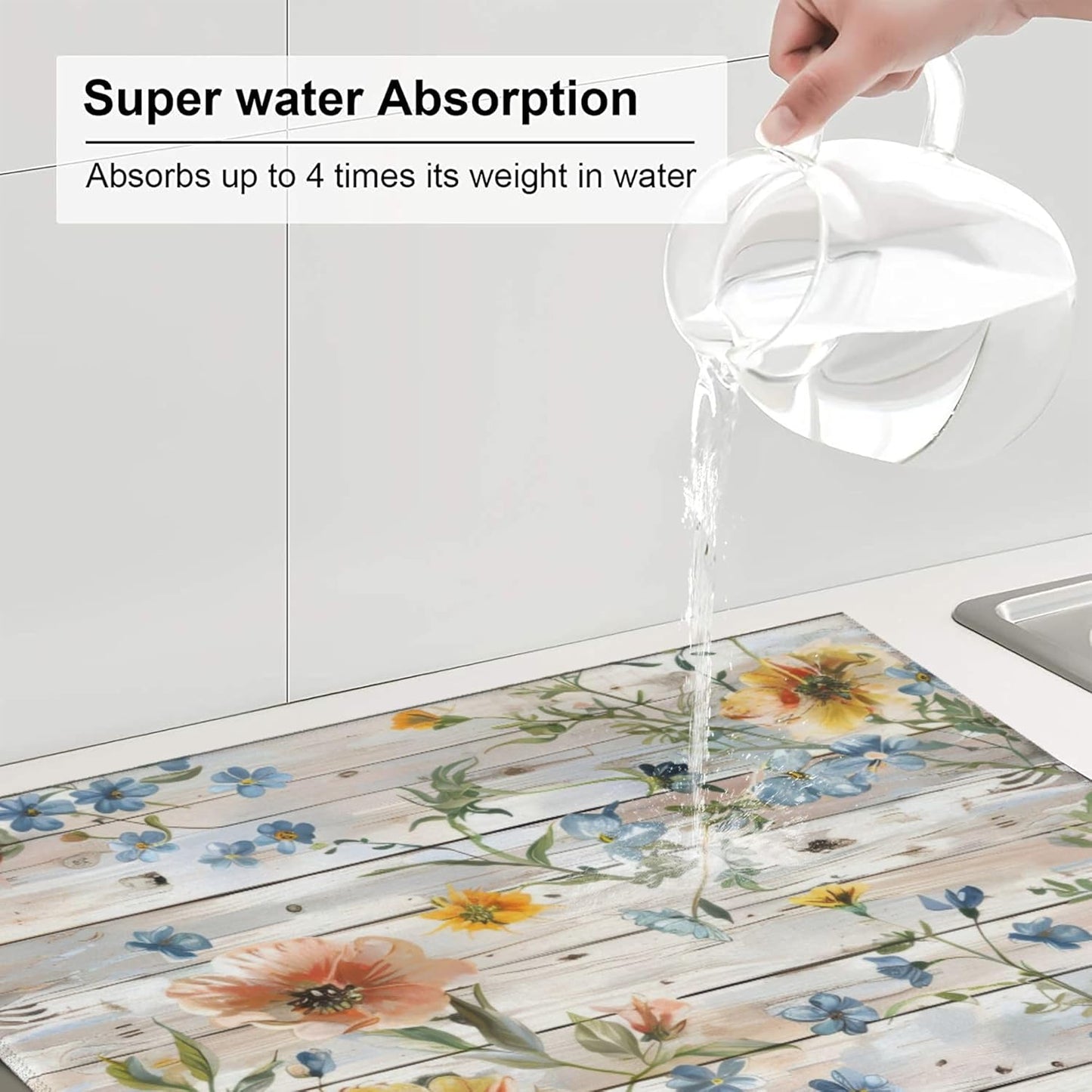 Flowers on Wooden Board Dish Drying Mat 16x18 Inch, Microfiber Absorbent Fast Dry Mat Floral Large Dish Mat Drying Kitchen Mat, Kitchen Drying Pad for Kitchen Counter Coffee Bar Decor Gifts