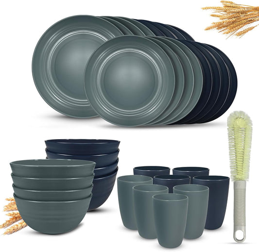 Kitchen Wheat Straw Dinnerware Sets (33pcs) Attached cleaning brush,Service For 8,Plastic Plates and Bowls Sets,Unbreakable Dinnerware,Lightweight Plastic Plate Set (Navy blue grey)