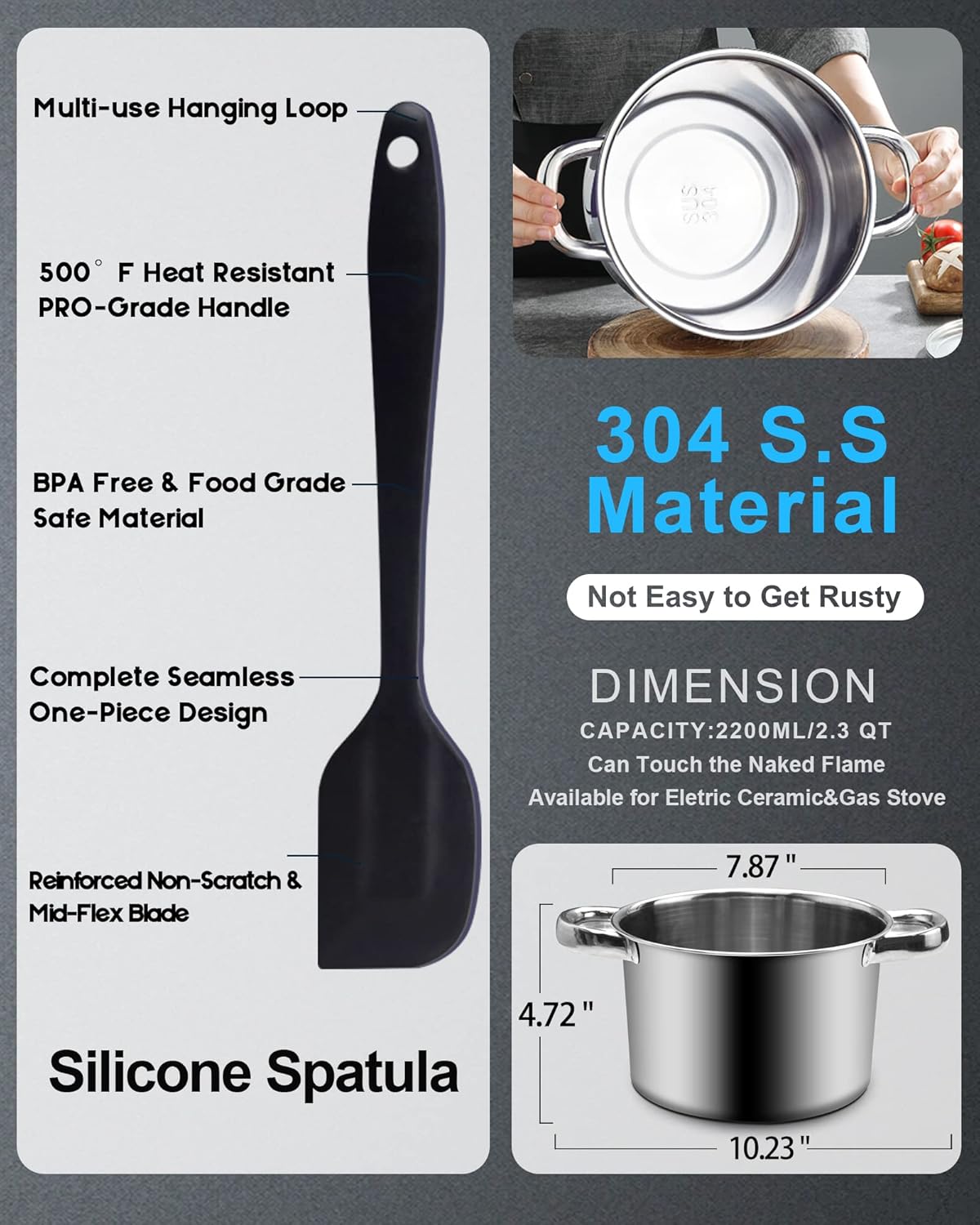 Double Boiler Pot Set,1200ML Double Boiler for Chocolate Melting, 2800ML 304 Stainless Steel Pot With Silicone Spatula for Melting Chocolate, Candy, Candle, Soap, Wax