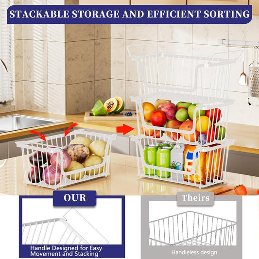 Enhanced Leak-Proof Bottom Stackable Wire Baskets, 5 Pack Pantry Organizers and Storage, pantry storage，Shelf Baskets, Fruit Basket, Potato and Onion Storage Bins，(White)