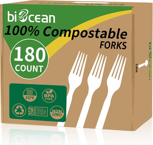 100% Compostable Forks 180 Count Disposable Forks bulk Utensils Set Heavy Duty Fork Silverware Eco Friendly Flatware for Party Camping Picnics Wedding-Ivory White