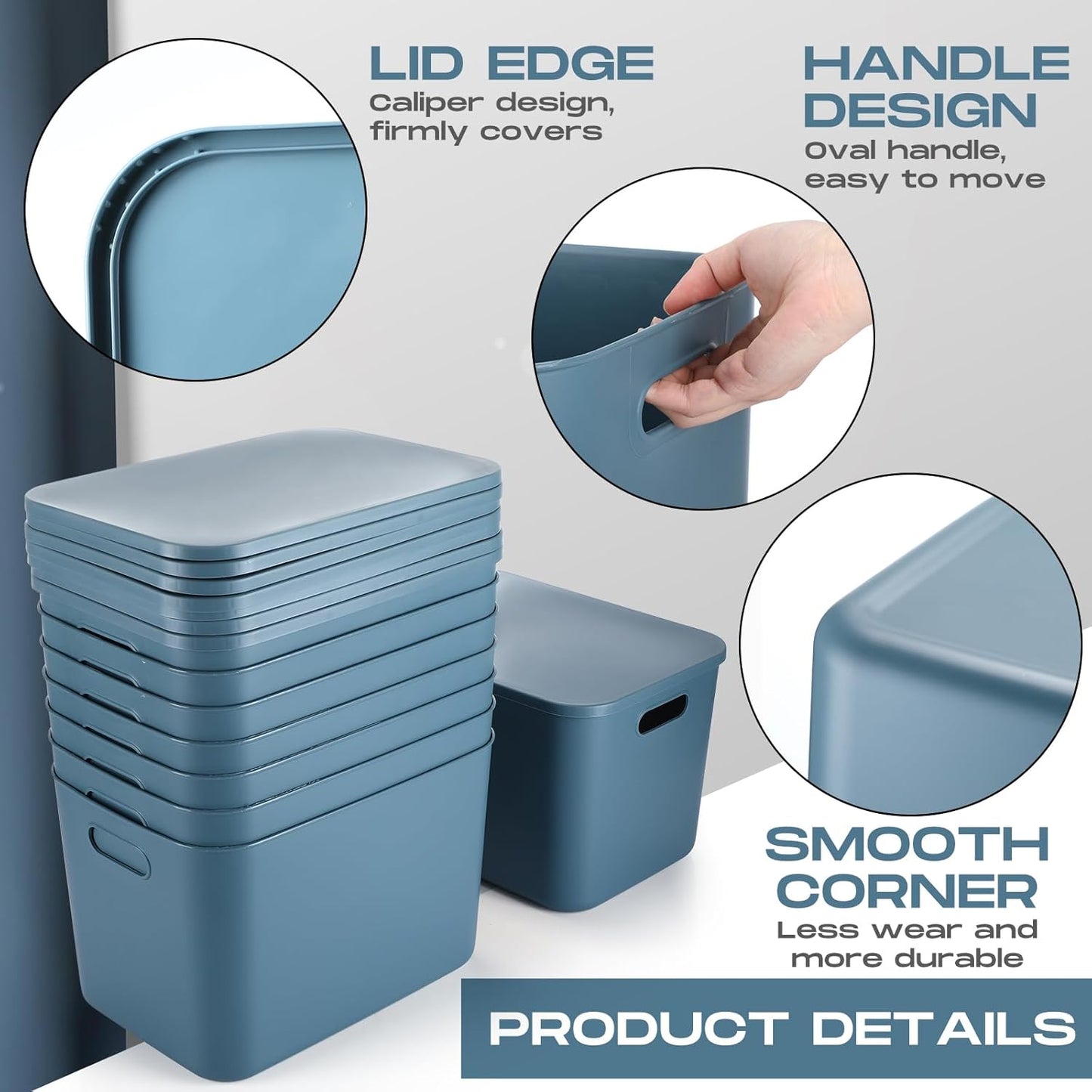 Hoolerry 8 Pieces Colorful Storage Bins with Lid, Plastic Storage Basket Organizing Container Stackable Box with Handle for Shelves Desktop Playroom Office(14.2 x 10.2 x 9.5 Inch,Blue)