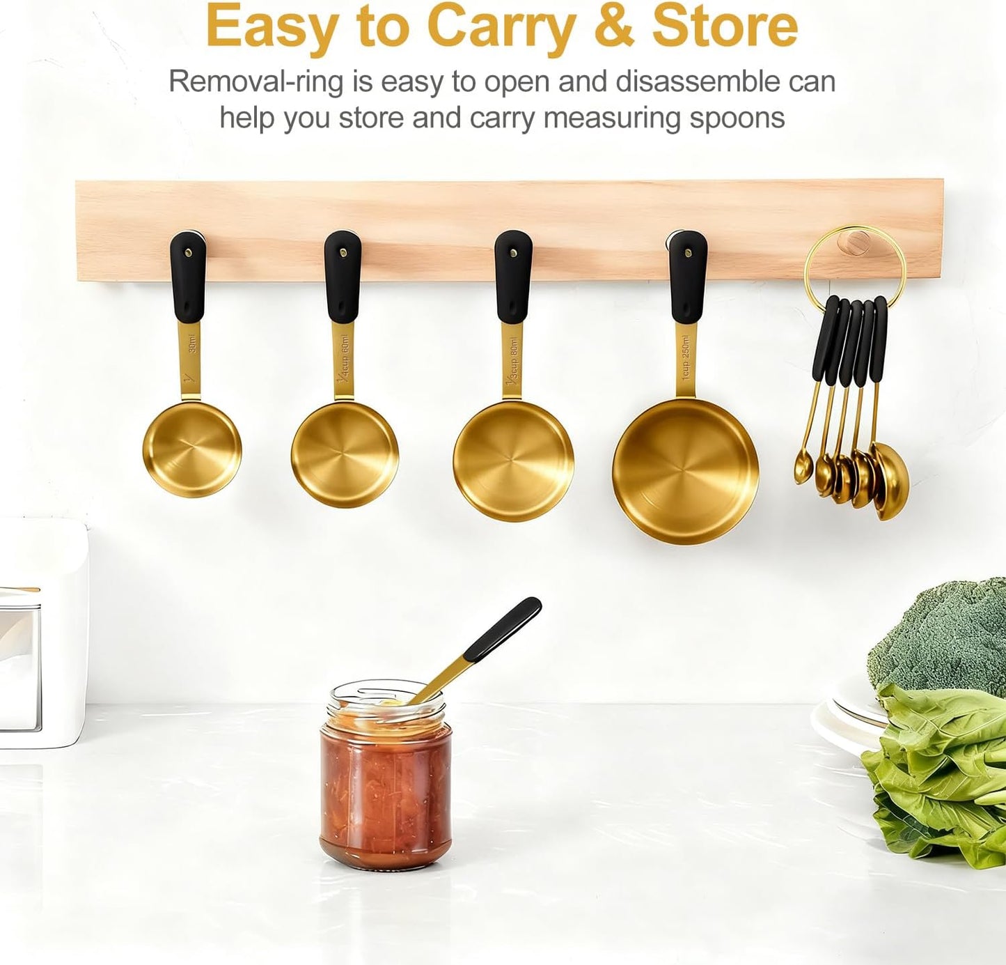 Measuring Cups and Spoons Set, Stainless Steel 10 Piece for Cooking and Baking (5 Cups + 5 Spoons, Golden)