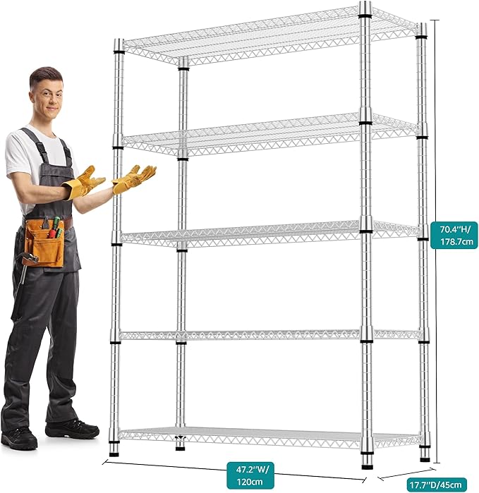 5 Tiers Shelf Metal Storage Shelves 3300 lbs Steel Storage Shelving Utility Shelving Unit Steel Organizer Wire Rack for Home,Kitchen,Office,Garage Chrome 17.7" D x 47.2" W x 70.3" H
