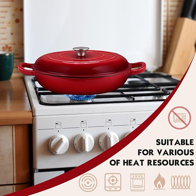 Overmont Enameled Cast Iron Dutch Oven - 3.8 Quart Dutch Oven Pot with Lid - Shallow Cookware Braising Pan - Cast iron Casserole with Cookbook & Heat-resistant Caps - Oven Safe up to 500° F