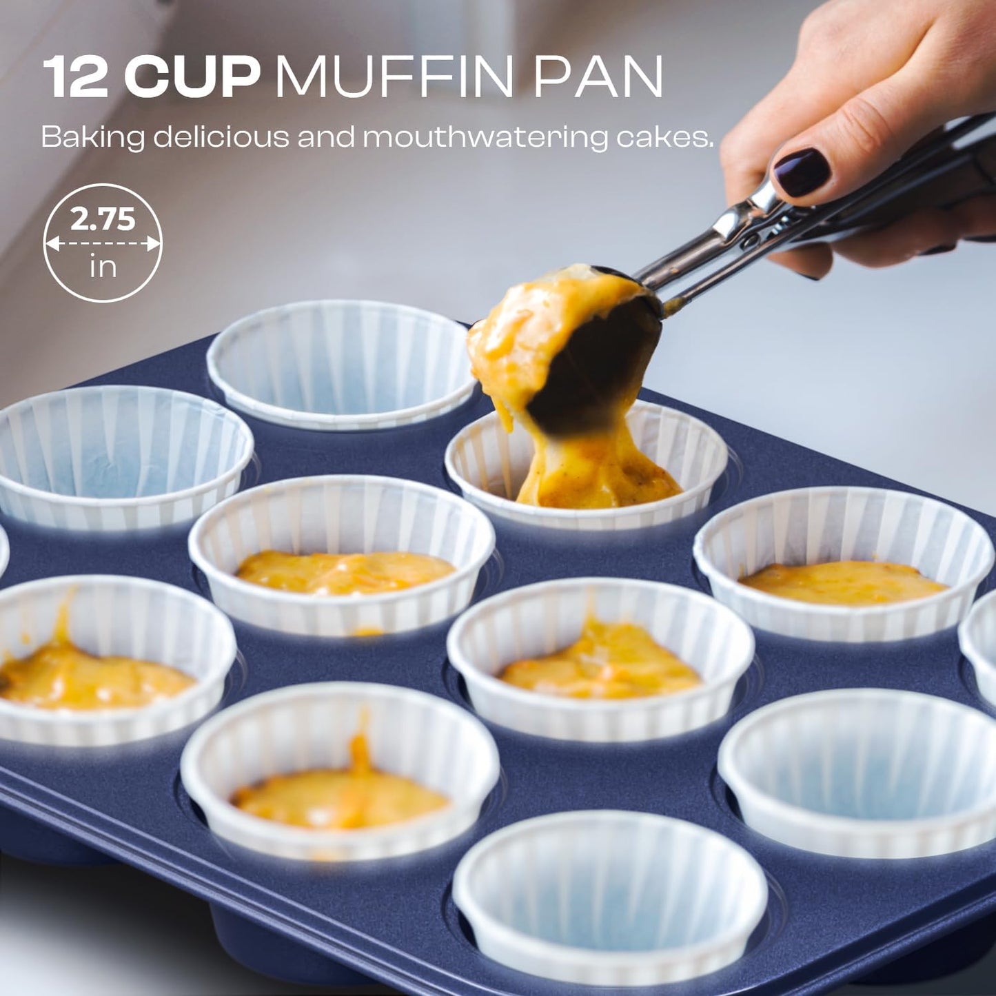 12-Piece Oven Safe Nonstick Bakeware Set with Baking Pan, Cake Pan, Muffin Pan, Loaf Pan, Square Pan, Roasting Pan, Cookie Pan, Cooling Rack & Utensils - Ceramic Coated Blue