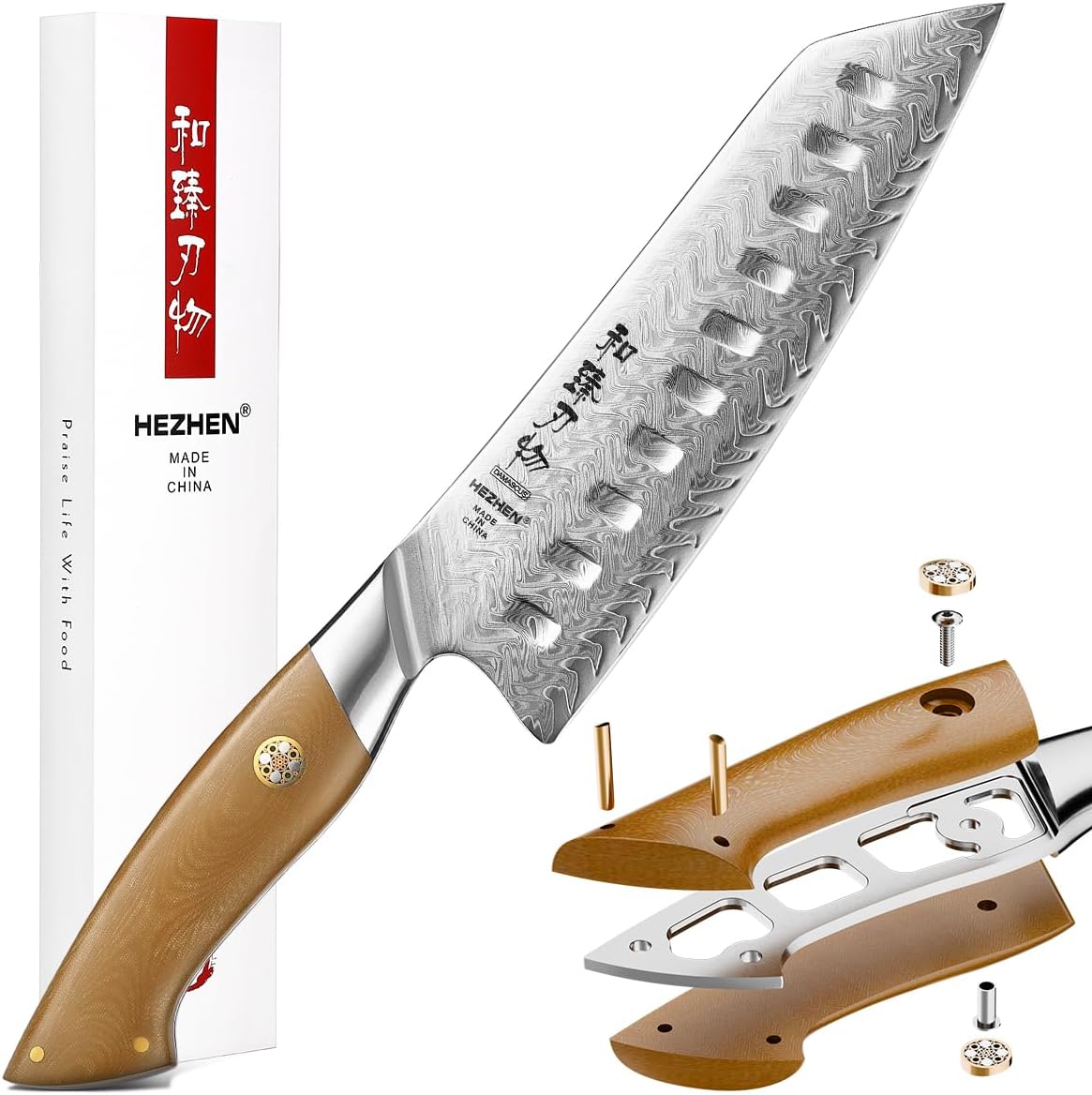 HEZHEN Damascus Santoku Knife, 7 Inches, 67 Layers Damascus Steel, Ultra Sharp Blade, Japanese Chef Knife for Professional Chefs and Home Cooking, Linen Micarta Handle, Gift Packing