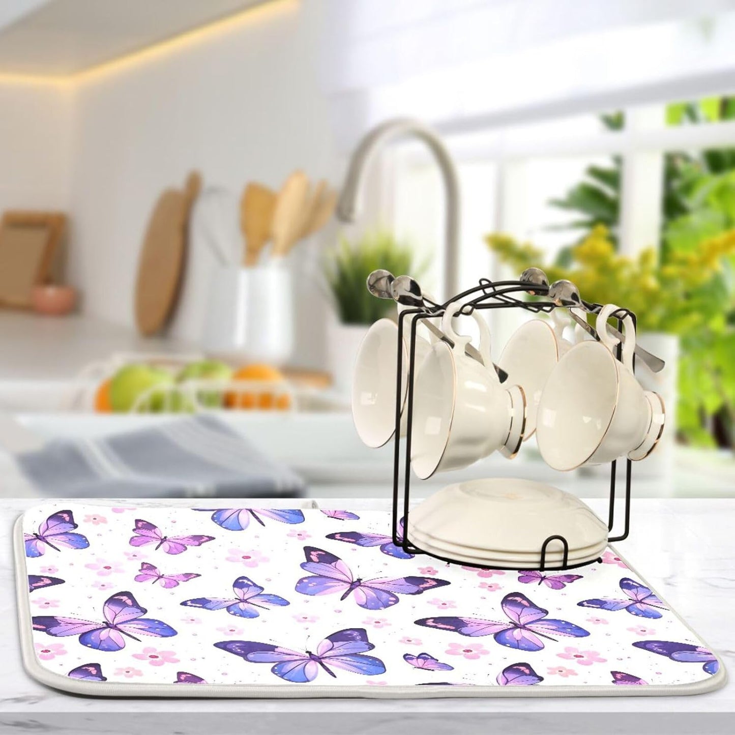 Pink Purple Butterfly Flower Dish Drying Mat for Kitchen Counter Absorbent Dish Drainer Mats Drying Pads 18"x24"