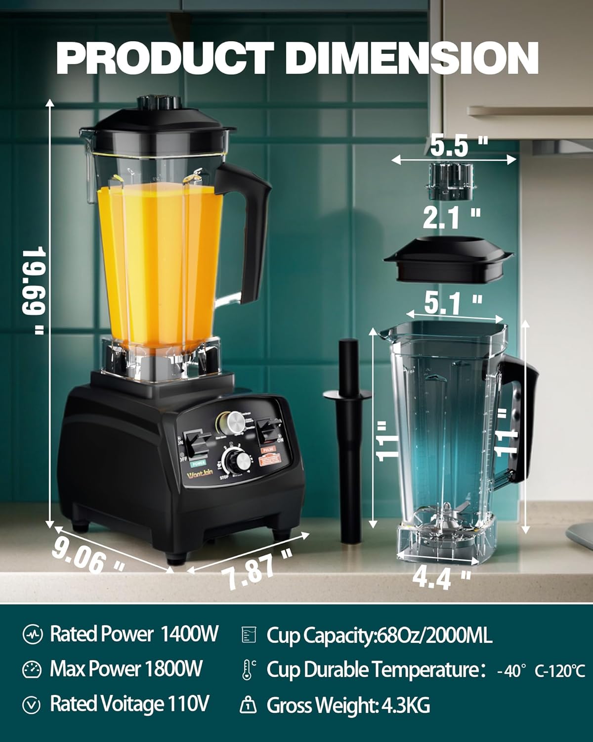 WantJoin Blender for Smoothies with 1800 Watt Motor Powerful Countertop Blenders for Kitchen 68OZ Large Capacity Smoothie Blender and Grinder Combo for Ice Crush Frozen Drinks Puree