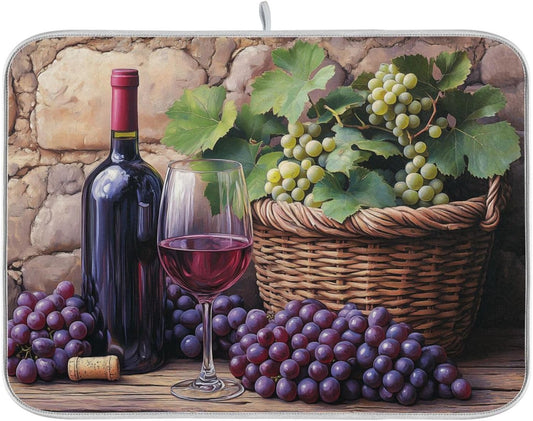 Wine Bottle Wine Glass Grapes Dish Drying Mat for Kitchen Counter Super Absorbent Dishes Pad Reversible Microfiber Protector Dish Draining Mats 18x24 inch