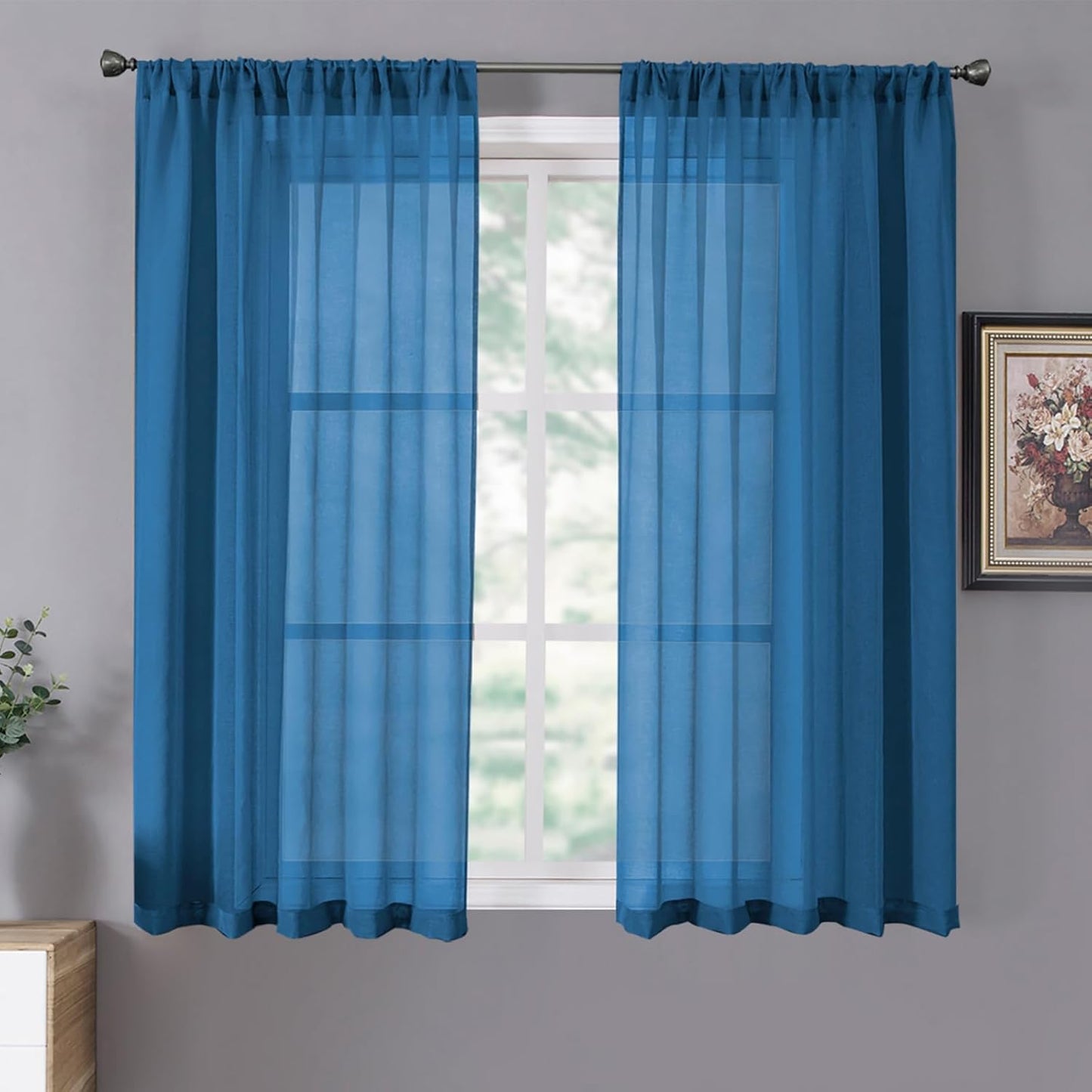 Tollpiz Short Sheer Curtains Living Room Linen Textured Curtain Sheers Light Filtering Voile Rod Pocket Curtains for Bedroom, 38 x 45 inches Long, Classic Blue, Set of 2 Panels