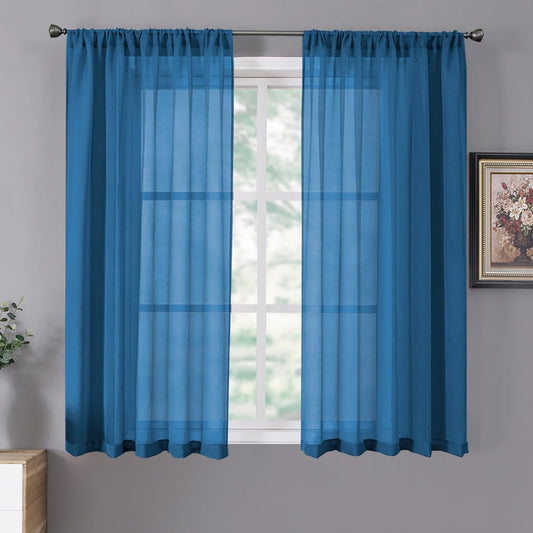 Tollpiz Short Sheer Curtains Living Room Linen Textured Curtain Sheers Light Filtering Voile Rod Pocket Curtains for Bedroom, 38 x 45 inches Long, Classic Blue, Set of 2 Panels