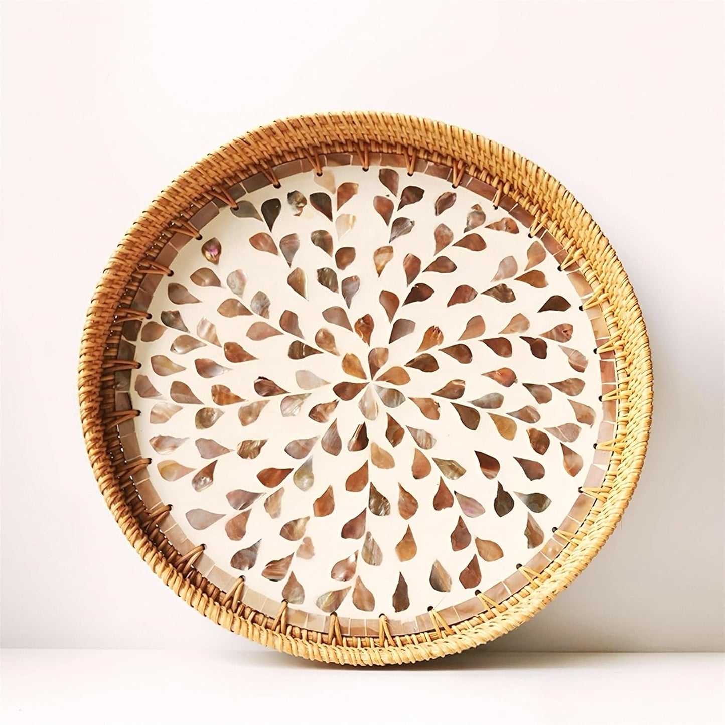 i-lan 3-Piece Round Rattan Serving Trays with Mother of Pearl Inlay – Handwoven Decorative Platters for Coffee Table, Vanity, Kitchen & Home Décor, Set