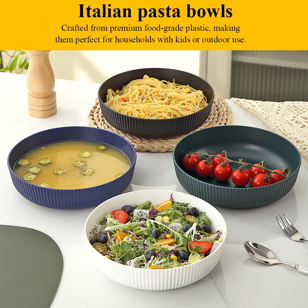 Berglander Pasta Bowls Set of 4, Salad Bowls 37oz Unbreakable Large Plastic Soup/Salad/Fruit/Serving Bowls for Home, Restaurant, Outdoor, Picnic, Camping, Serving Dishes