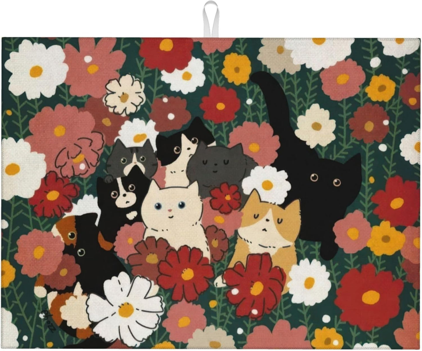 Cute Cat Flowers Dish Drying Mat 18x24 Inch, Microfiber Absorbent Fast Dry Mat Colorful Floral Large Dish Mat Drying Kitchen Mat, Kitchen Drying Pad for Kitchen Counter Coffee Bar Decor Gifts
