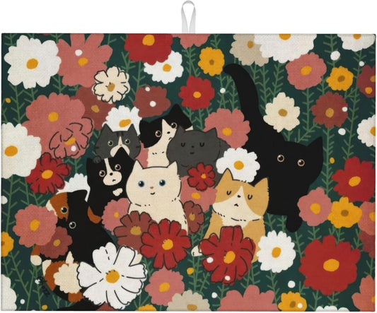 Cute Cat Flowers Dish Drying Mat 18x24 Inch, Microfiber Absorbent Fast Dry Mat Colorful Floral Large Dish Mat Drying Kitchen Mat, Kitchen Drying Pad for Kitchen Counter Coffee Bar Decor Gifts