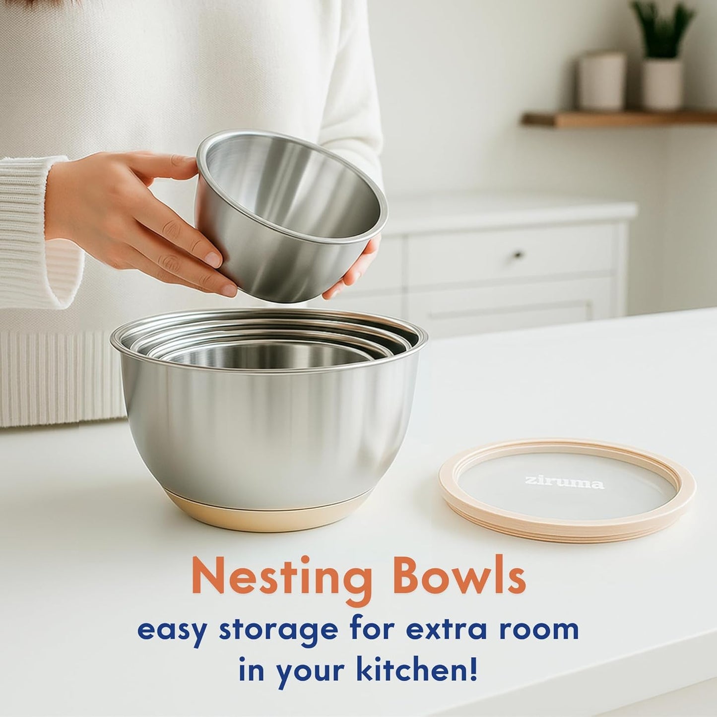 Ziruma Non-Toxic Mixing Bowls with Lids Set, Stainless Steel & Glass, 5 Pcs Plastic Free Bowls with Silicone Non-Slip Base, Dishwasher Safe Mixing Bowl Set