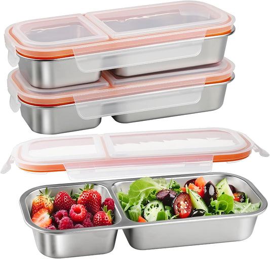3 Pack Stainless Steel Snack Containers with Lids, Leakproof Lunch Box Containers, Reusable 2 Compartment Snackle Box, Grab and Go lunchable container for Travel
