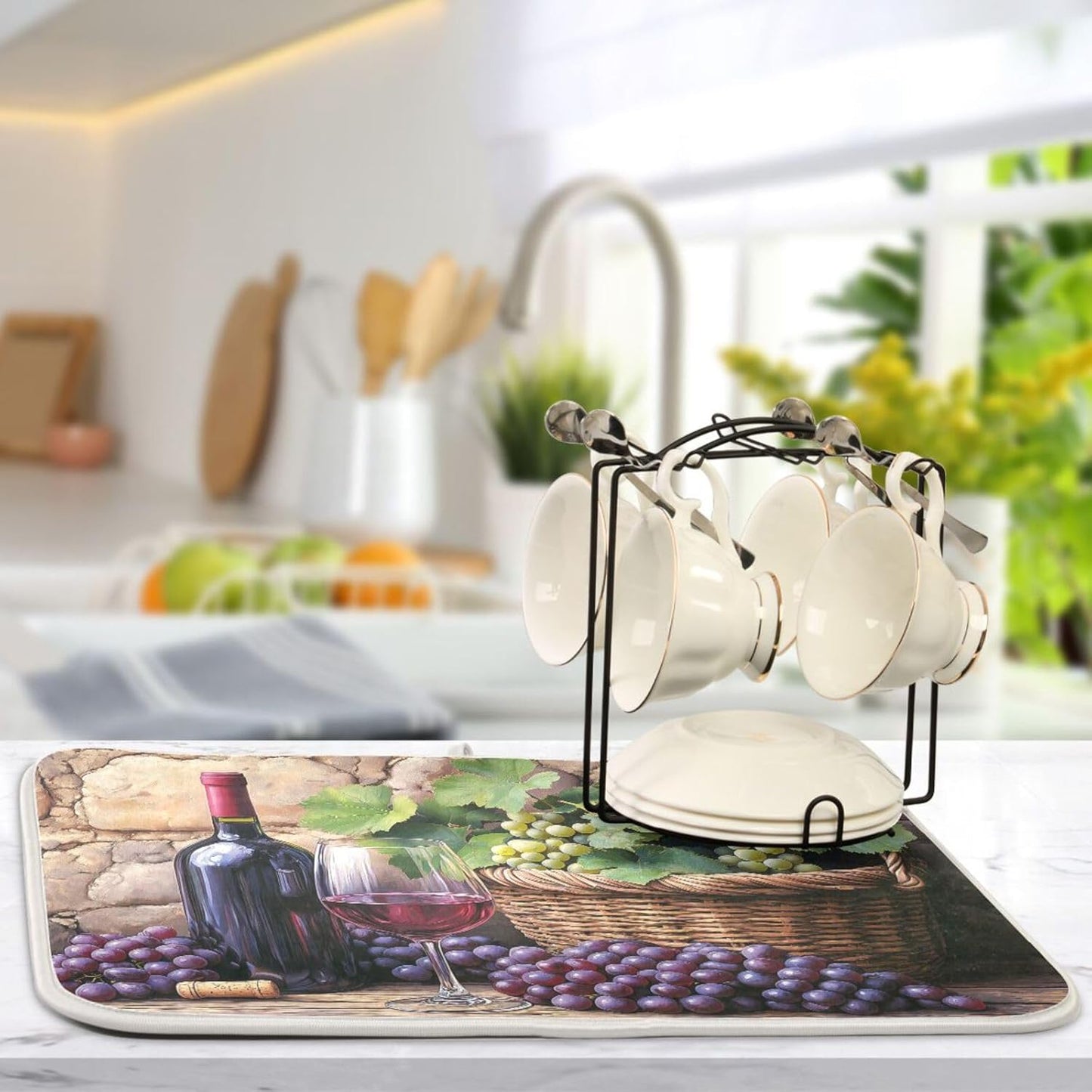 Wine Bottle Wine Glass Grapes Dish Drying Mat for Kitchen Counter Super Absorbent Dishes Pad Reversible Microfiber Protector Dish Draining Mats 16x18 inch