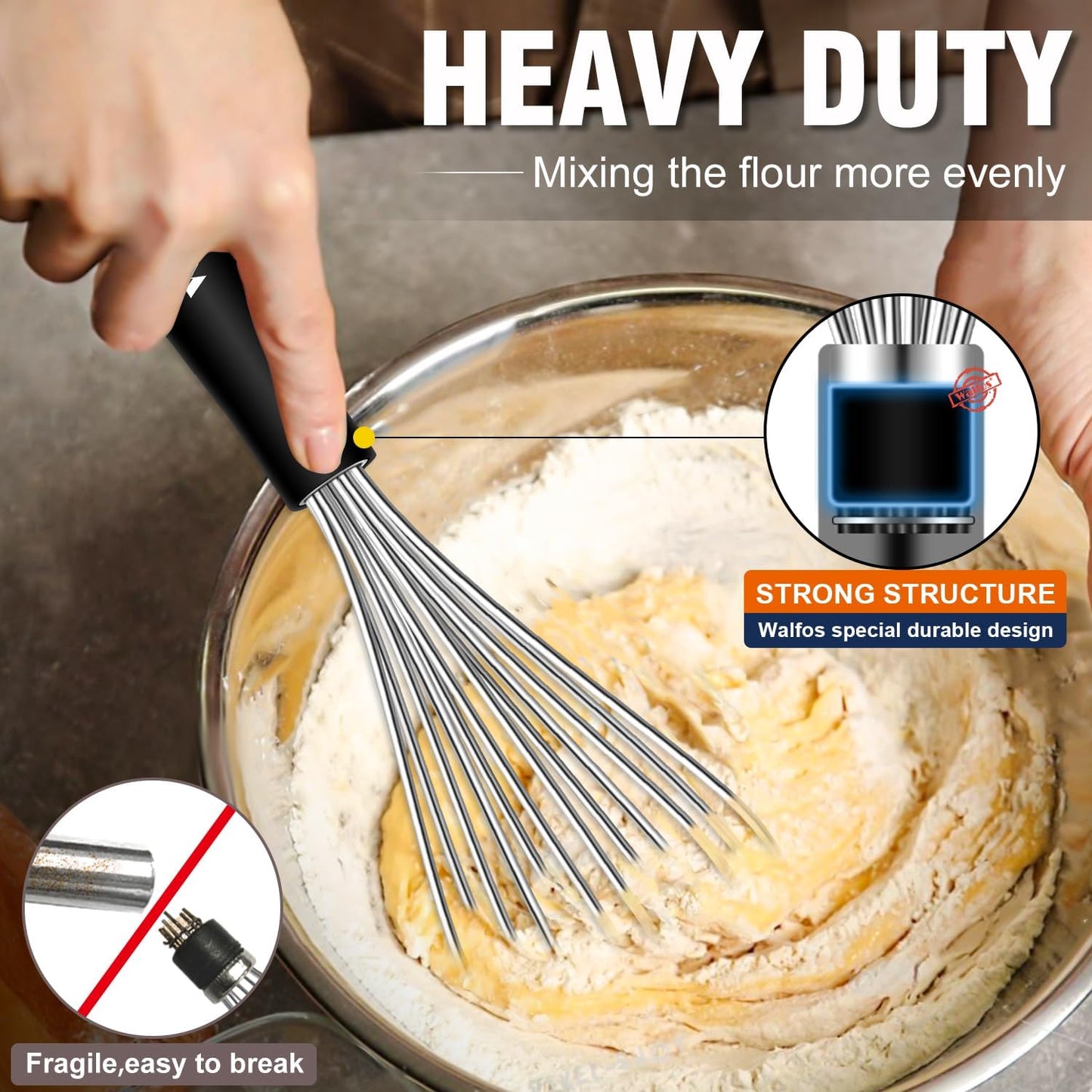 Stainless Steel Whisk Set with 7"+5" Mini whisks, Walfos Heavy Duty Whisks, Kitchen wisk (7+9+11in) Premium for Whisking, Blending, Beating, Frothing & Stirring.